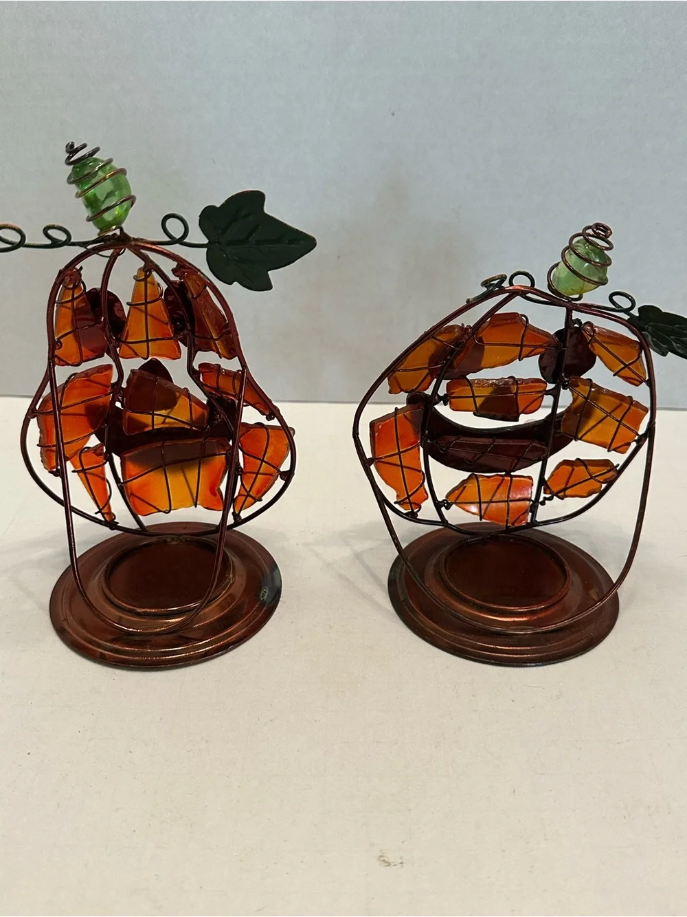 Autumn Harvest Metal Wire Wrapped Stained Glass Pumpkin Pair Jack O Lantern